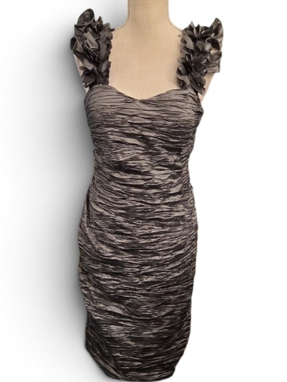 NWT Donna Ricco Metallic Gray Ruched Midi Dress with Floral Straps